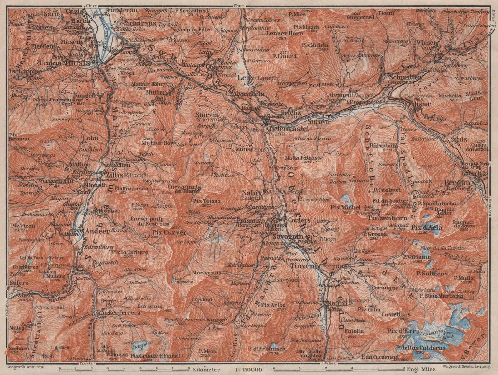ALBULA ALPS. Thusis Tiefenkastel Savognin Piz Ela/d'Err/Calderas Salux 1909 map